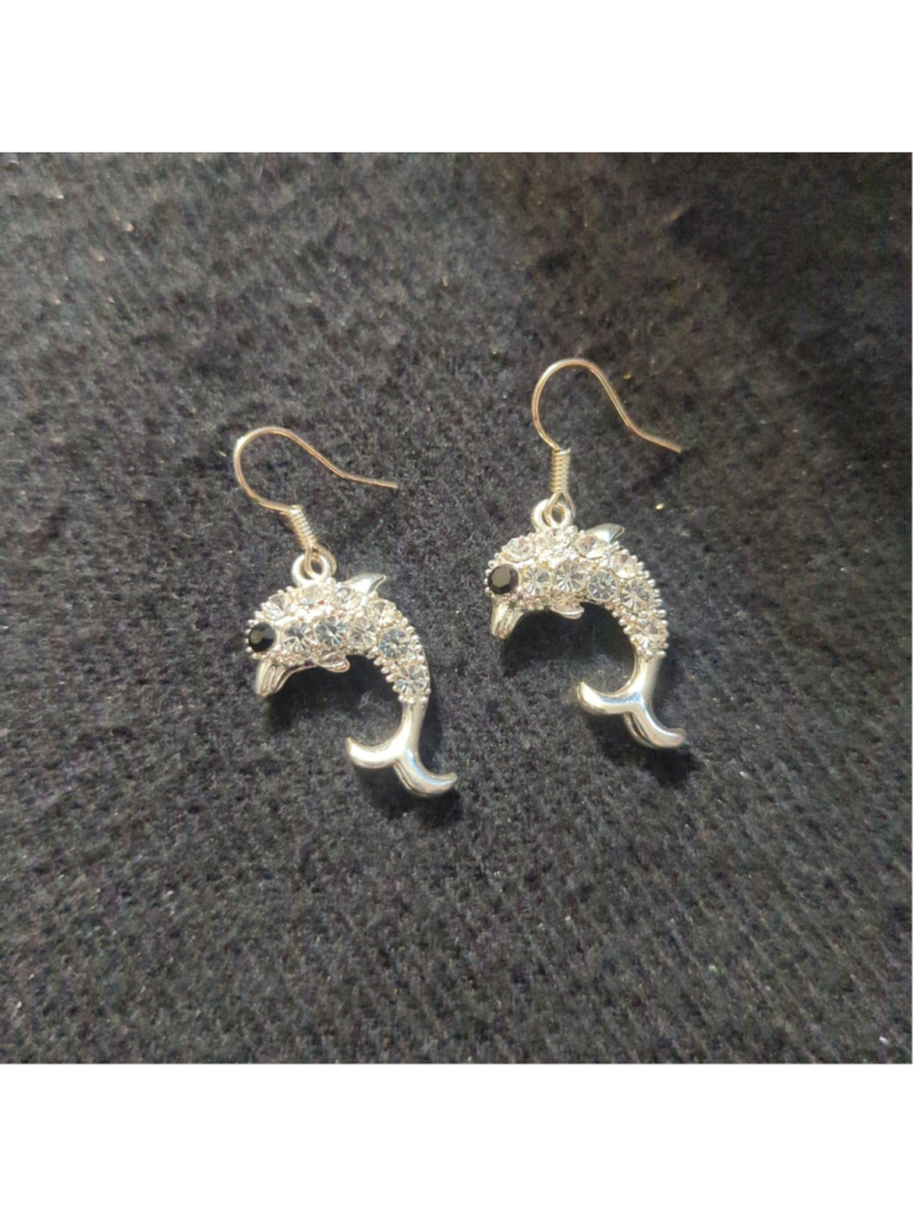 Silver Tone Clear and Black Rhinestone Dolphin Dangle Statement Earrings